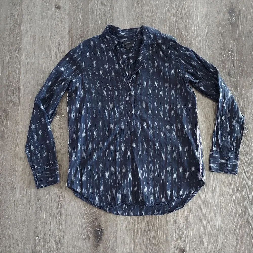 J Crew Navy Popover Long Sleeve Top Metallic Stripe Ikat Print Womens 2